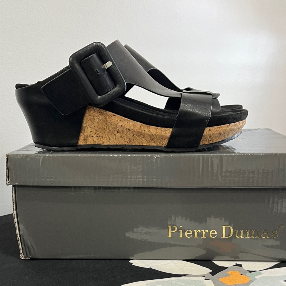 Pierre Dumas Black Wedge Sandals with Cork Sole